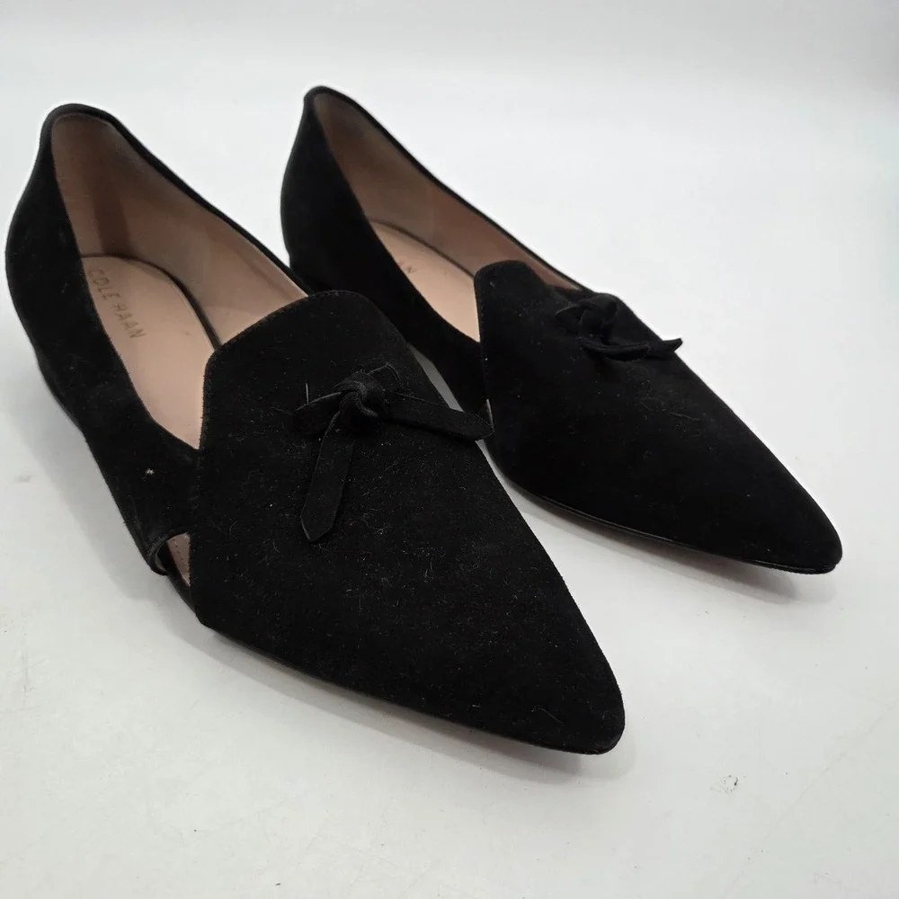 Cole Haan Grand Viola Skimmer Black Suede Flats Bow Accent Women's Size 9 B